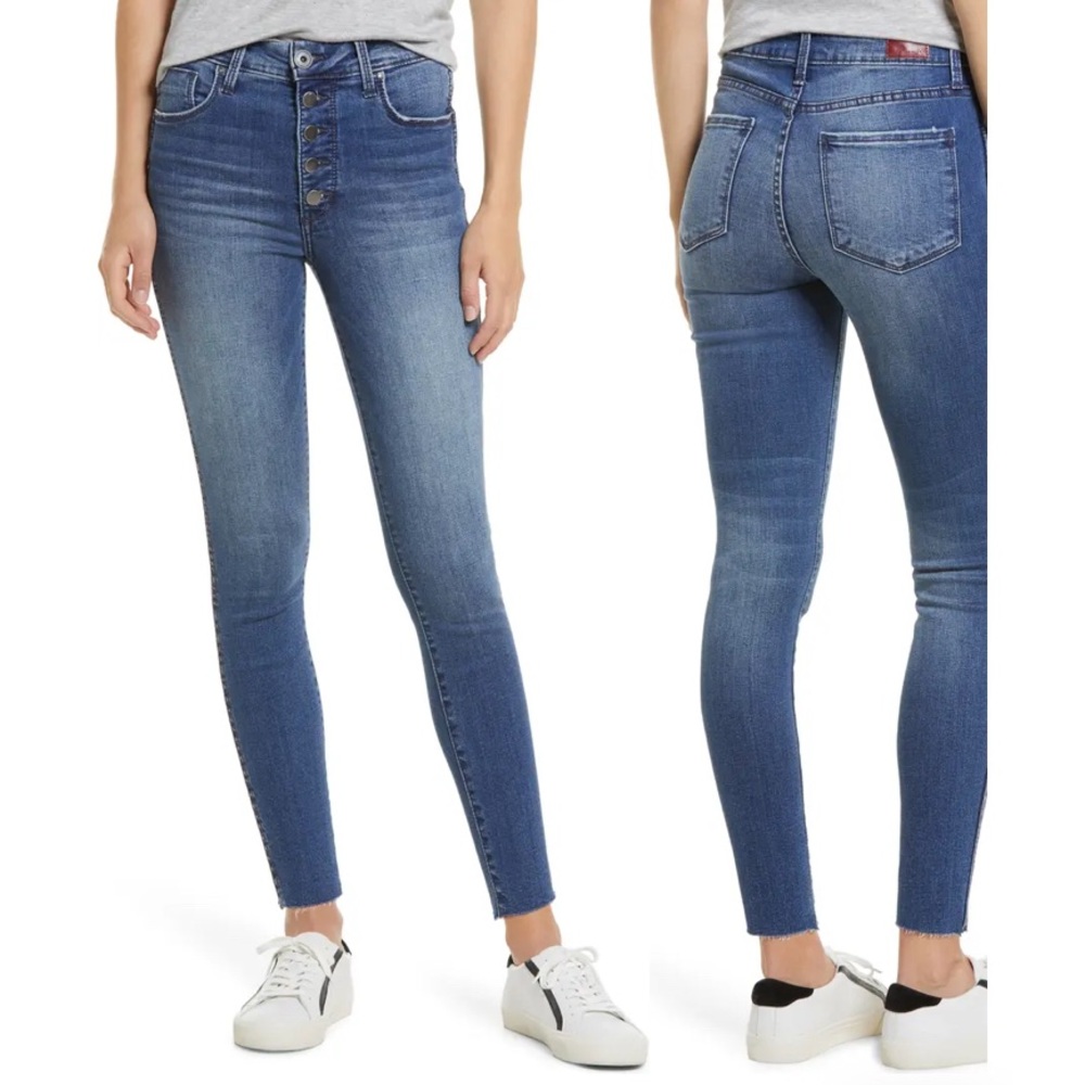 NWOT 🌸 BUTTON FLY WHETHERLY “COOPER” HIGH RISE SKINNY JEANS CLASSIC BLUE RAW HEM
